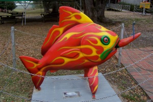 A flaming fish at McIhenny's Tabasco Factory on Avery Island.